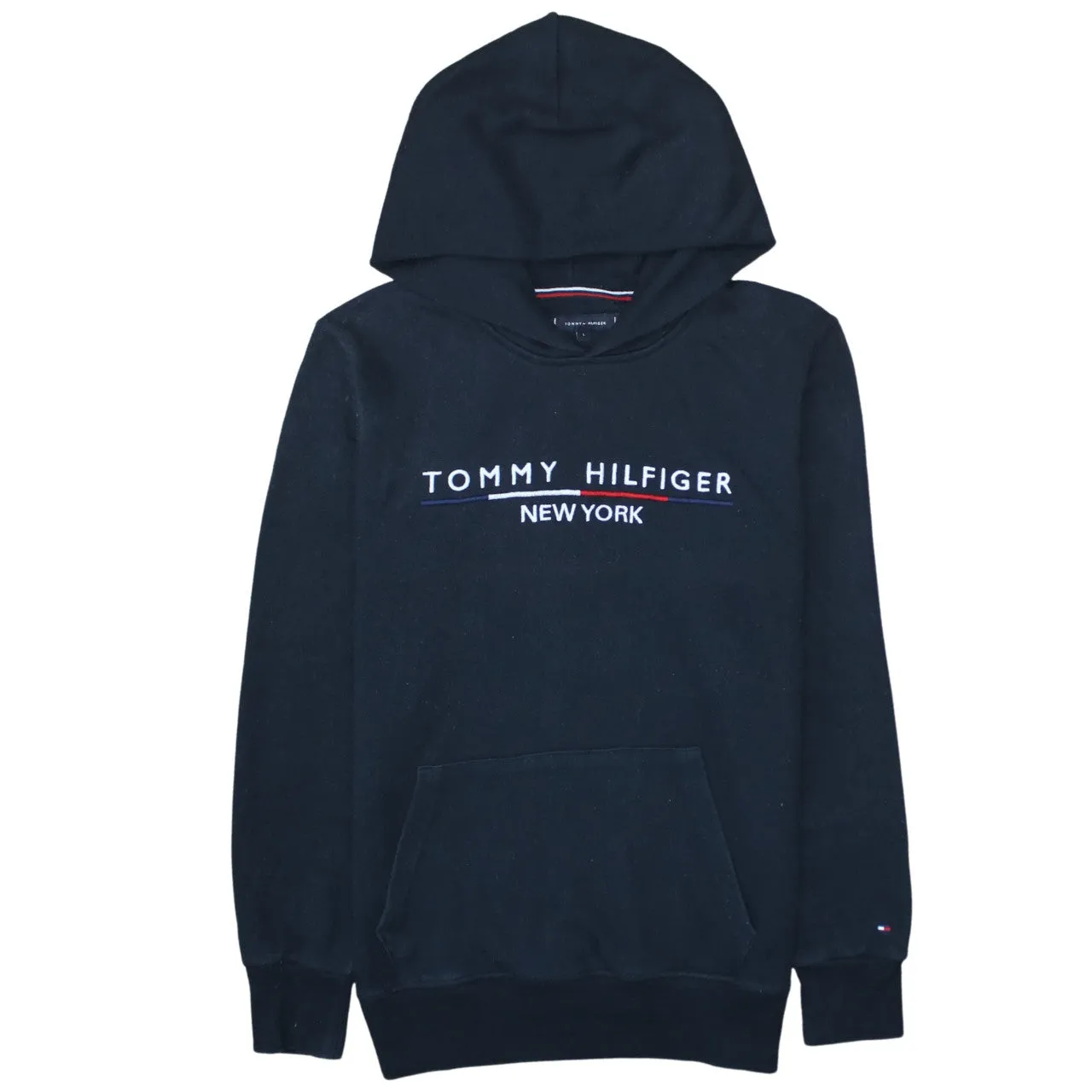 Tommy Hilfiger Black Hoodie Women’s Large Embroidered New York Logo Front Pocket Sweatshirt sold by Vintage Club