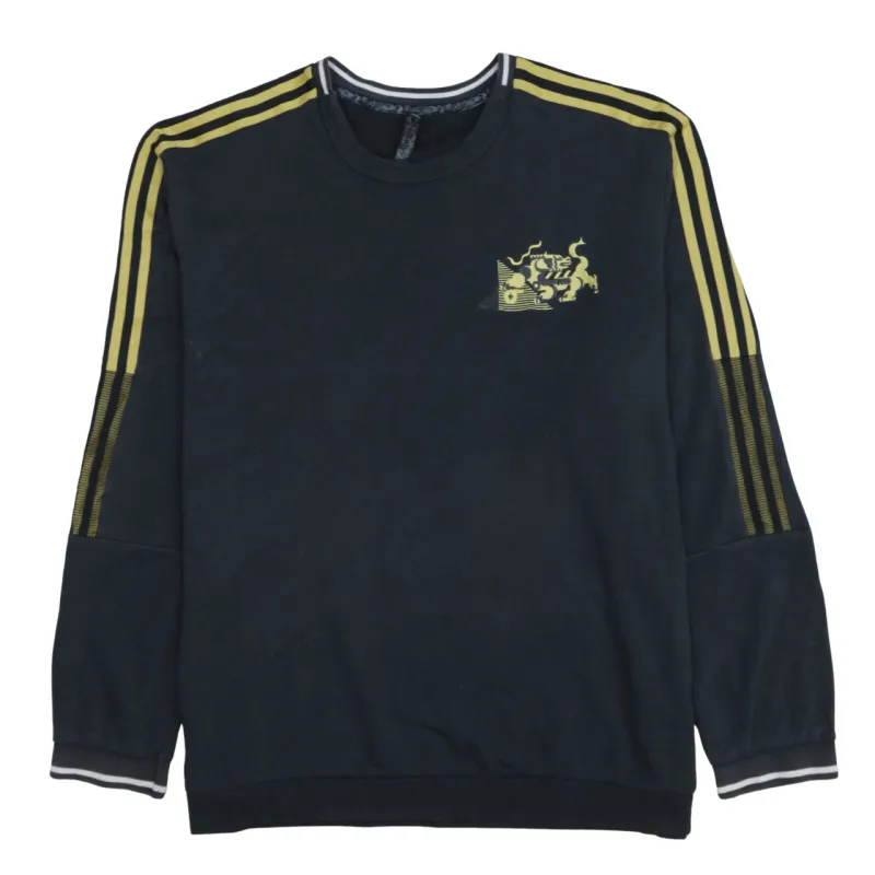 Adidas Black Sweatshirt Men’s XXLarge Yellow Three Stripe Sleeves Printed Chest Logo Pullover Top made by Adidas