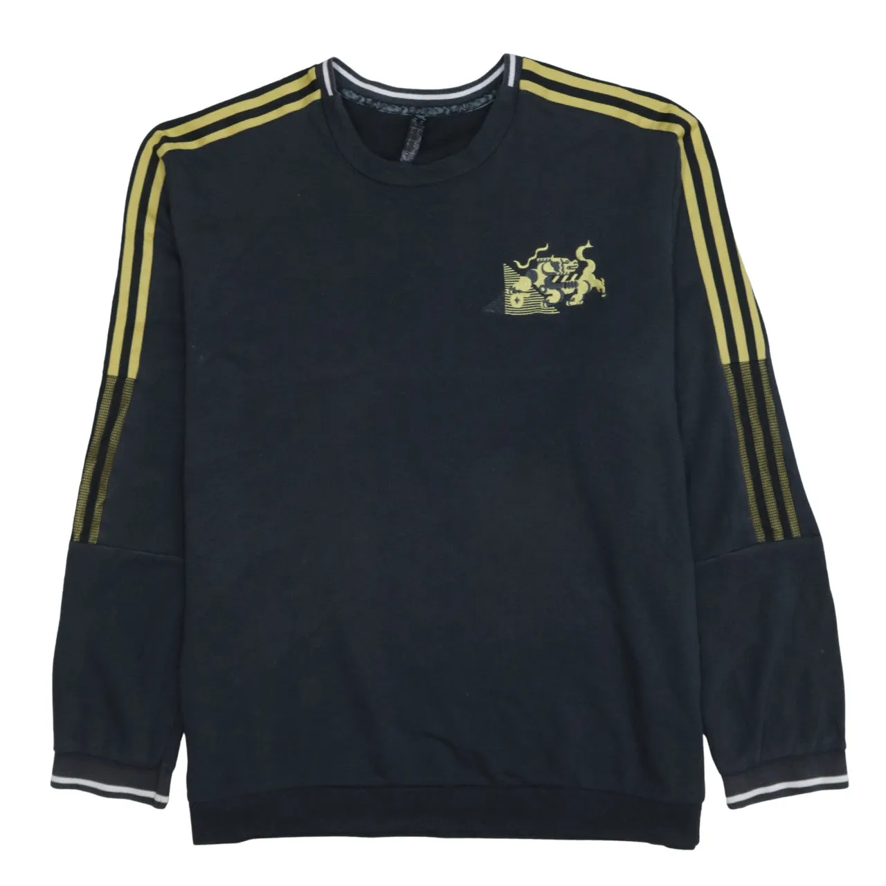 Adidas Black Sweatshirt Men’s XXLarge Yellow Three Stripe Sleeves Printed Chest Logo Pullover Top sold by Vintage Club