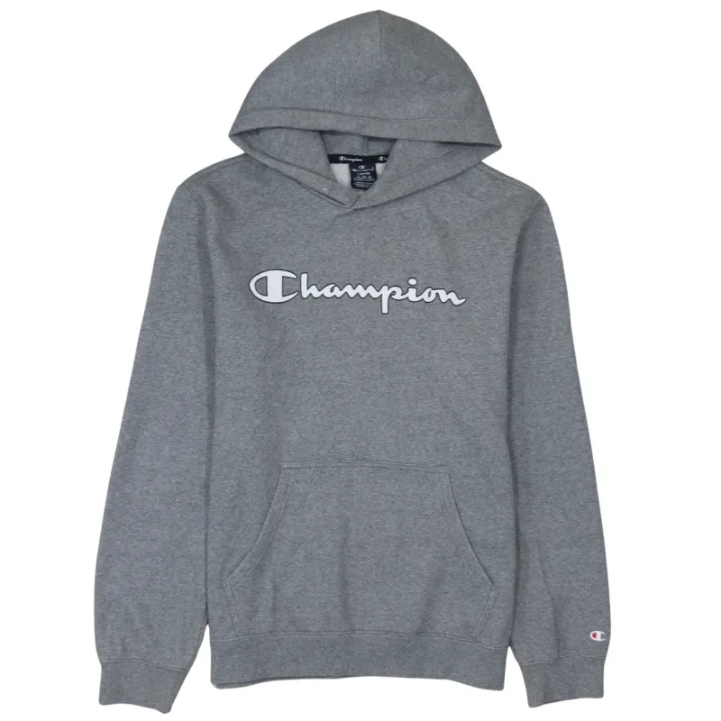 Champion Grey Hoodie Women’s Large Printed Script Logo Front Pocket Sweatshirt Pullover sold by Vintage Club