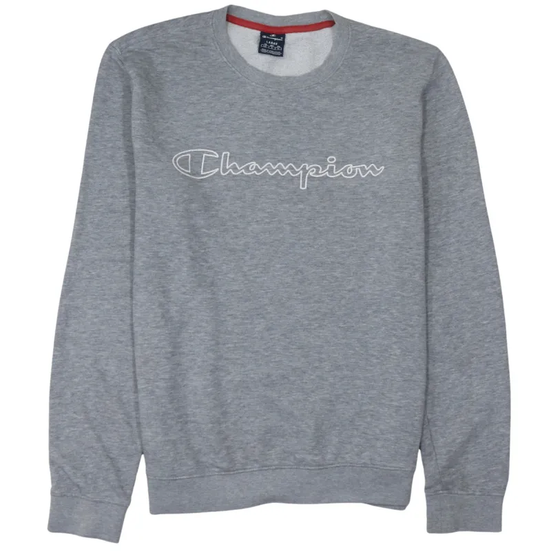 Champion Grey Sweatshirt Men's Large Embroidered Script Logo Crewneck Pullover Jumper sold by Vintage Club