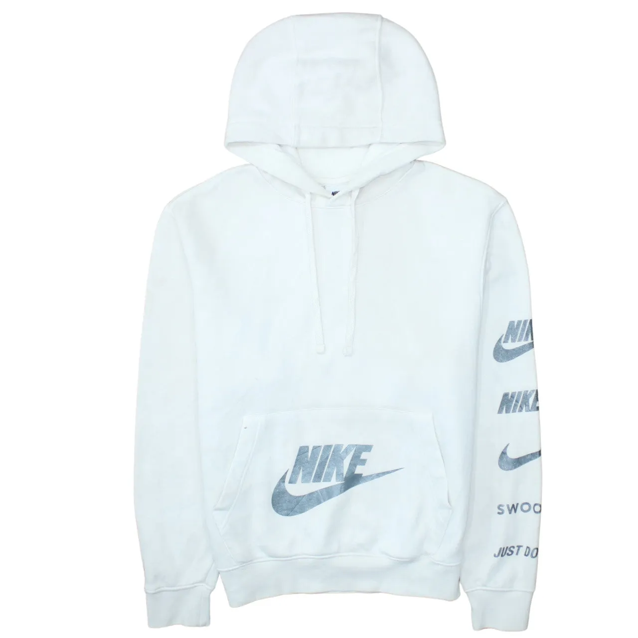 Nike White Hoodie Men’s Small Printed Logo Sleeve Graphic Pullover Sweatshirt sold by Vintage Club