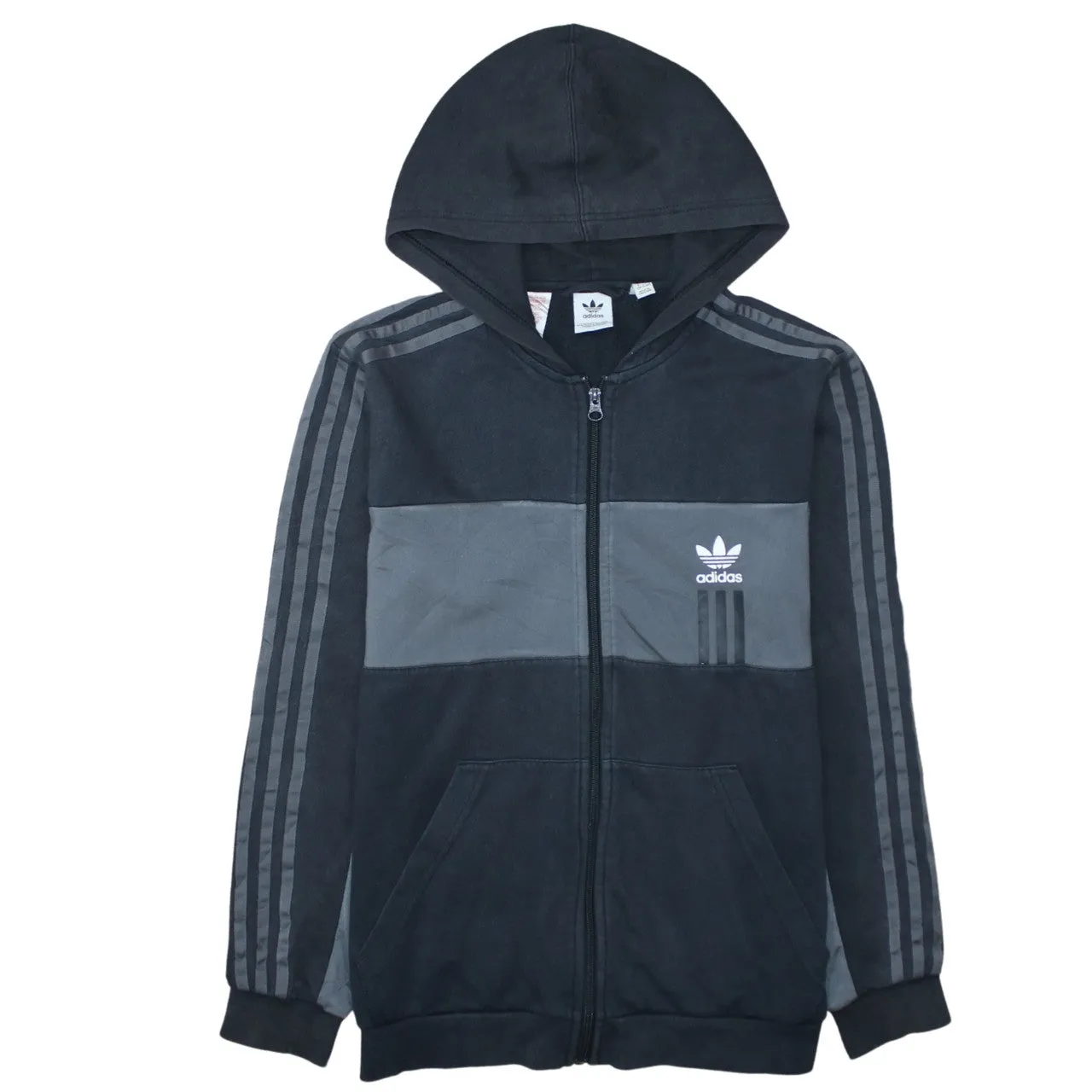 Adidas Black Zip Hoodie Women's XLarge Trefoil Logo Grey Panel Three Stripe Sweatshirt sold by Vintage Club