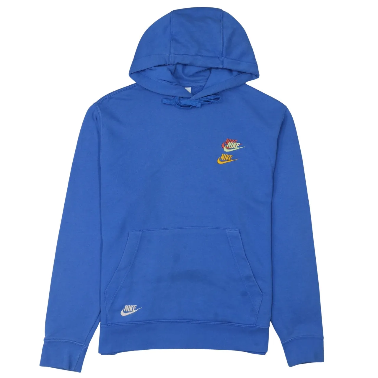 Nike Royal Blue Hoodie Men's Medium Printed Multi Swoosh Logos Front Back Pullover Sweatshirt sold by Vintage Club