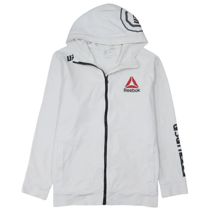 Reebok White Full Zip Hoodie Women's XLarge Printed Logo UFC Sleeve Graphic Sweatshirt made by Adidas
