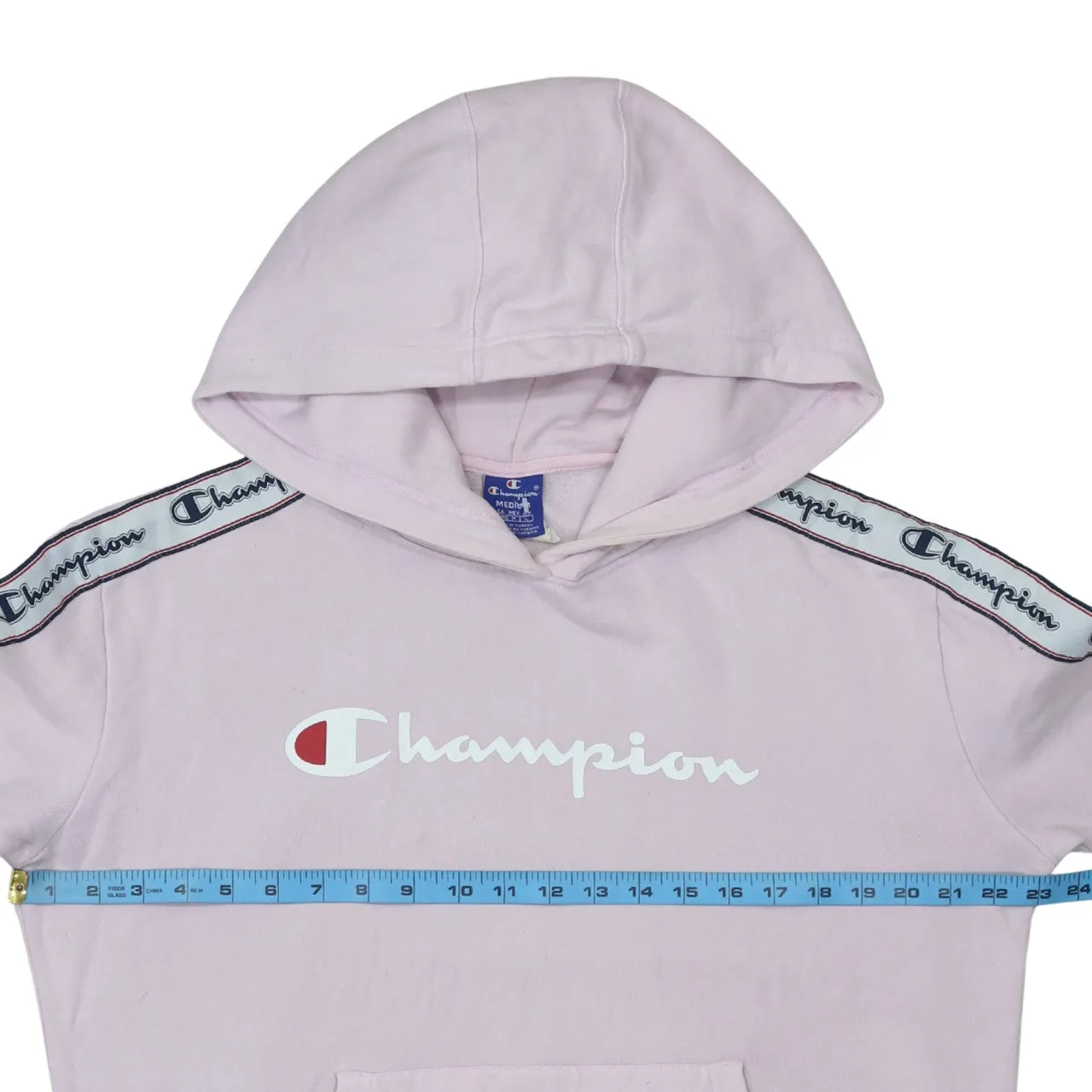 Champion Light Pink Hoodie Men's Medium Printed Logo Tape Sleeves Pullover Sweatshirt sold by Vintage Club product image thumbnail 5
