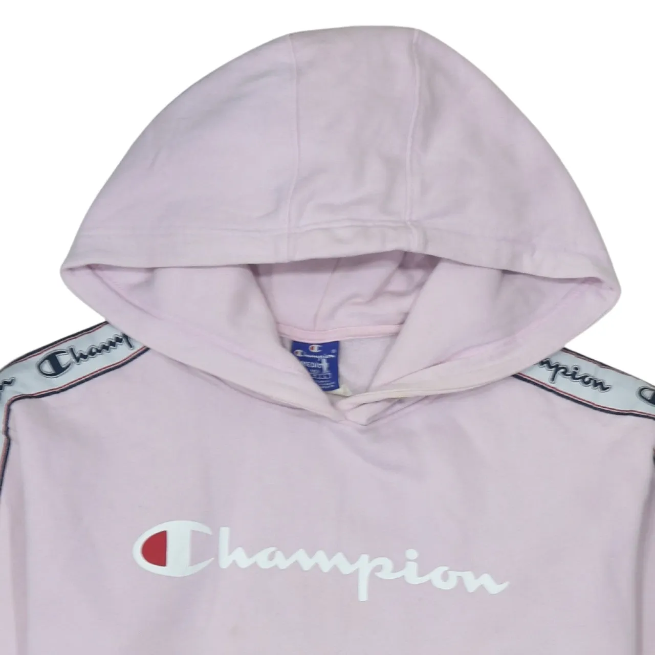 Champion Light Pink Hoodie Men's Medium Printed Logo Tape Sleeves Pullover Sweatshirt sold by Vintage Club product image thumbnail 3