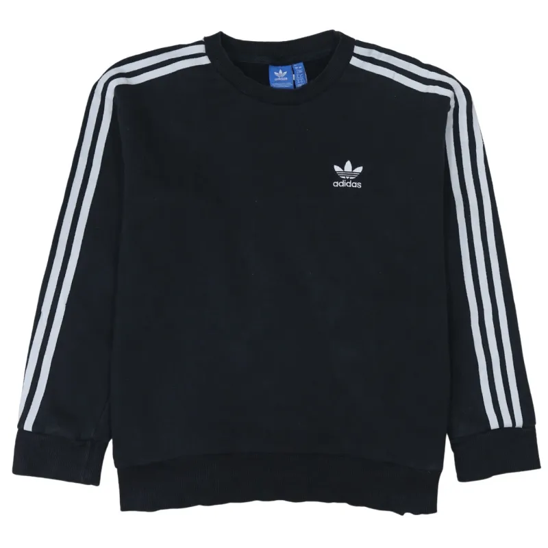 Adidas Black Sweatshirt Women’s Large Three Stripe Sleeves Embroidered Trefoil Logo Pullover Top sold by Vintage Club