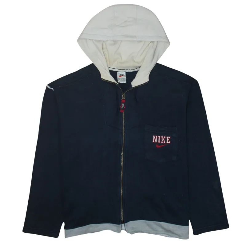 Nike Navy Blue Zip Hoodie Men's Large Embroidered Chest Logo Contrast Hood Sweatshirt sold by Vintage Club