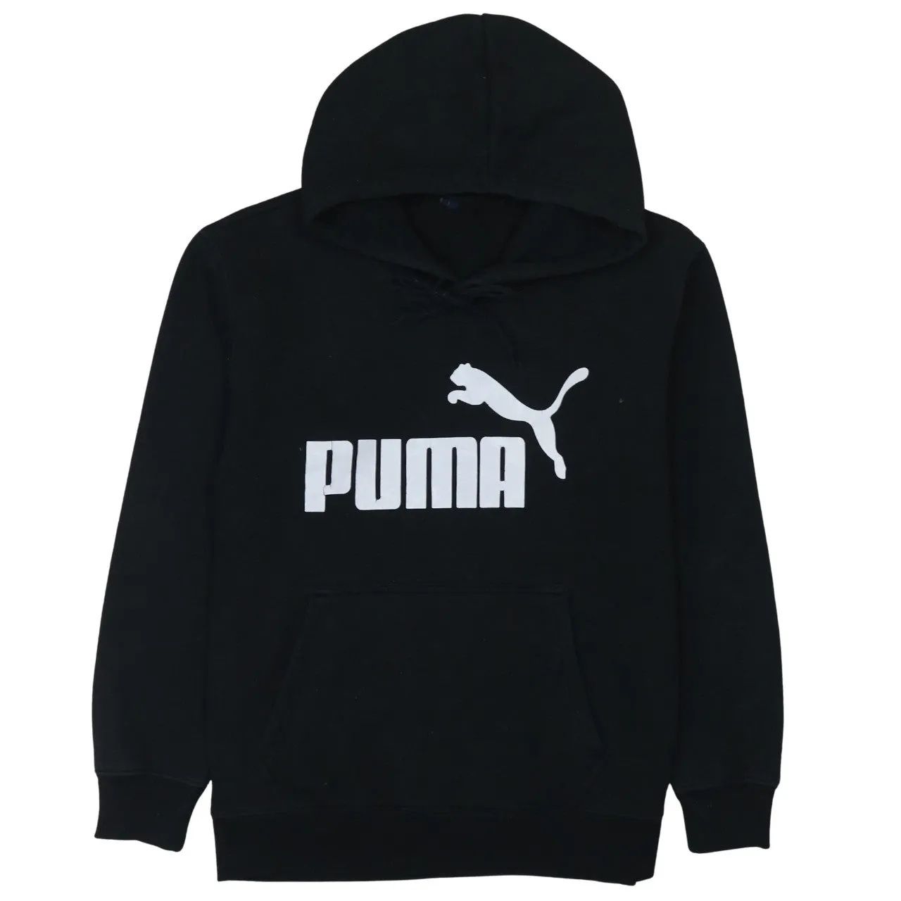 Puma Black Hoodie Women’s Large Printed Big Logo Front Pocket Pullover Sweatshirt sold by Vintage Club