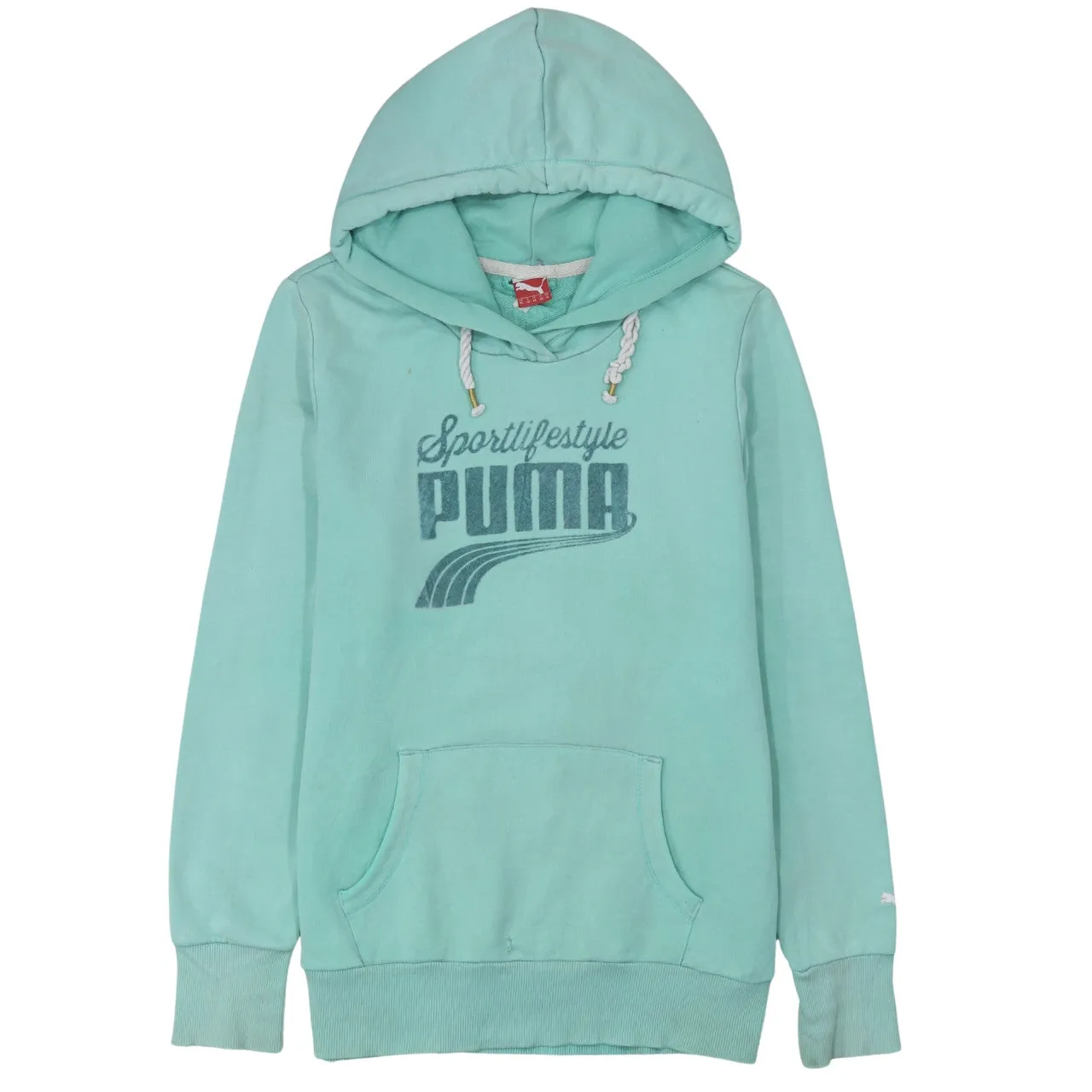 Puma Mint Green Hoodie Women’s XLarge Printed Sportlifestyle Logo Front Pocket Pullover Sweatshirt sold by Vintage Club