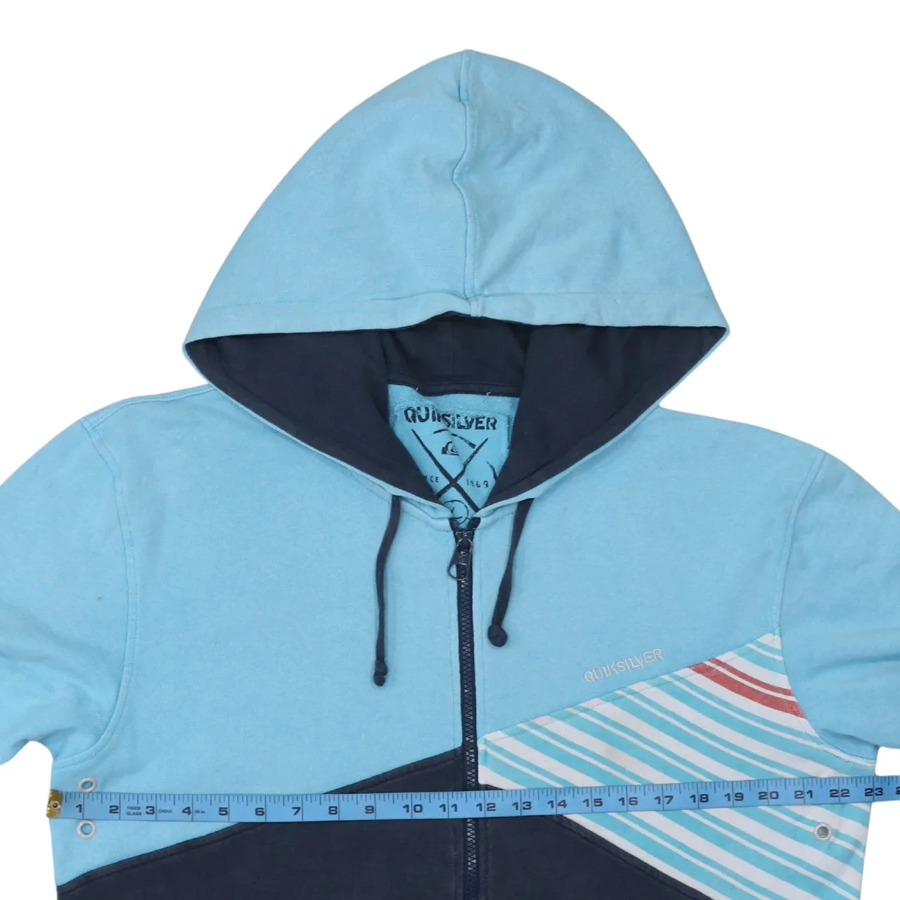 Quiksilver Light Blue Full Zip Hoodie Women's XLarge Colour Block Pockets Printed Logo Sweatshirt sold by Vintage Club product image thumbnail 5