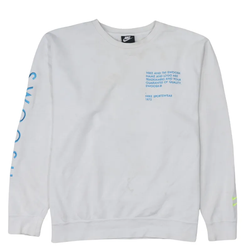 Nike White Crewneck Sweatshirt Men's Large Blue Text Sleeve Swoosh Printed Pullover made by Nike