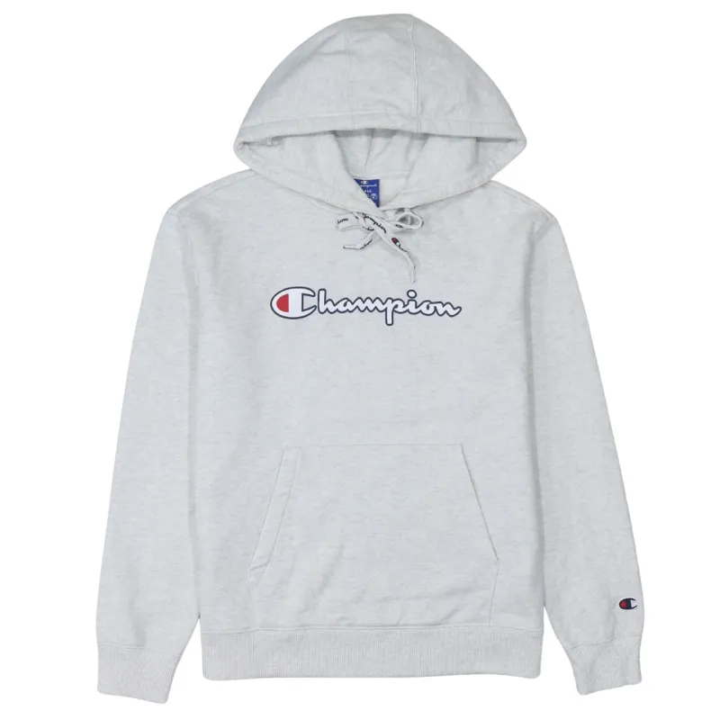 Champion Light Grey Hoodie Women’s Small Printed Script Logo Front Pocket Fleece Pullover sold by Vintage Club