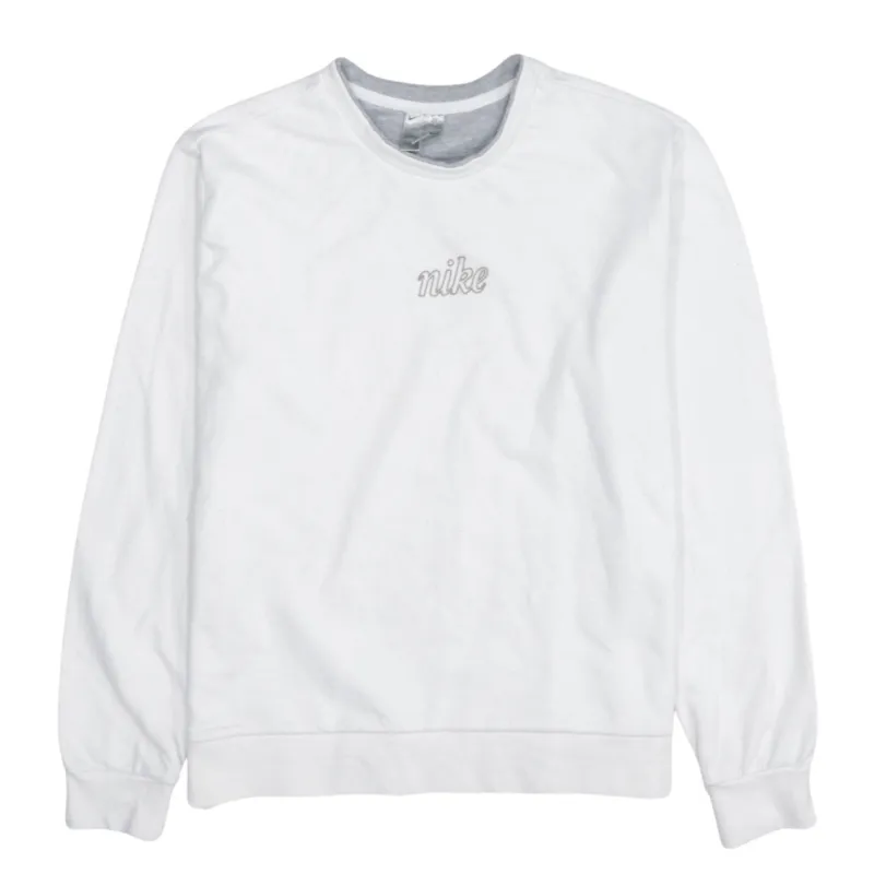 Nike White Sweatshirt Women's Medium Embroidered Script Logo Crewneck Pullover Top made by Nike