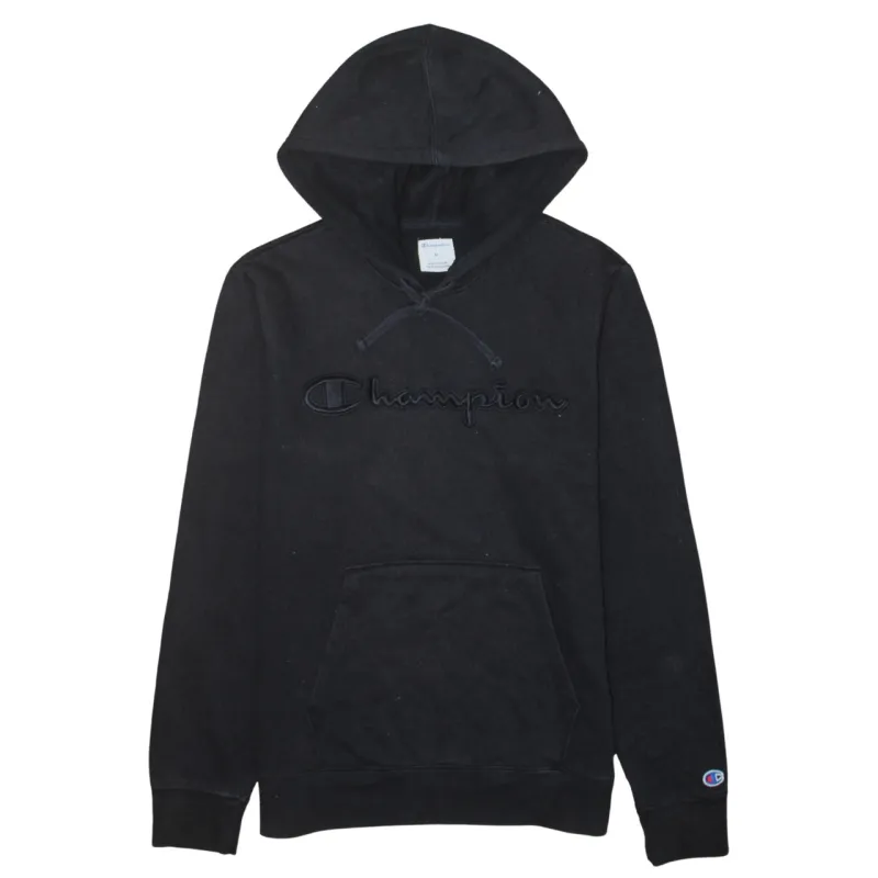 Champion Black Hoodie Men's Medium Embroidered Script Logo Front Pocket Pullover Sweatshirt made by Champion