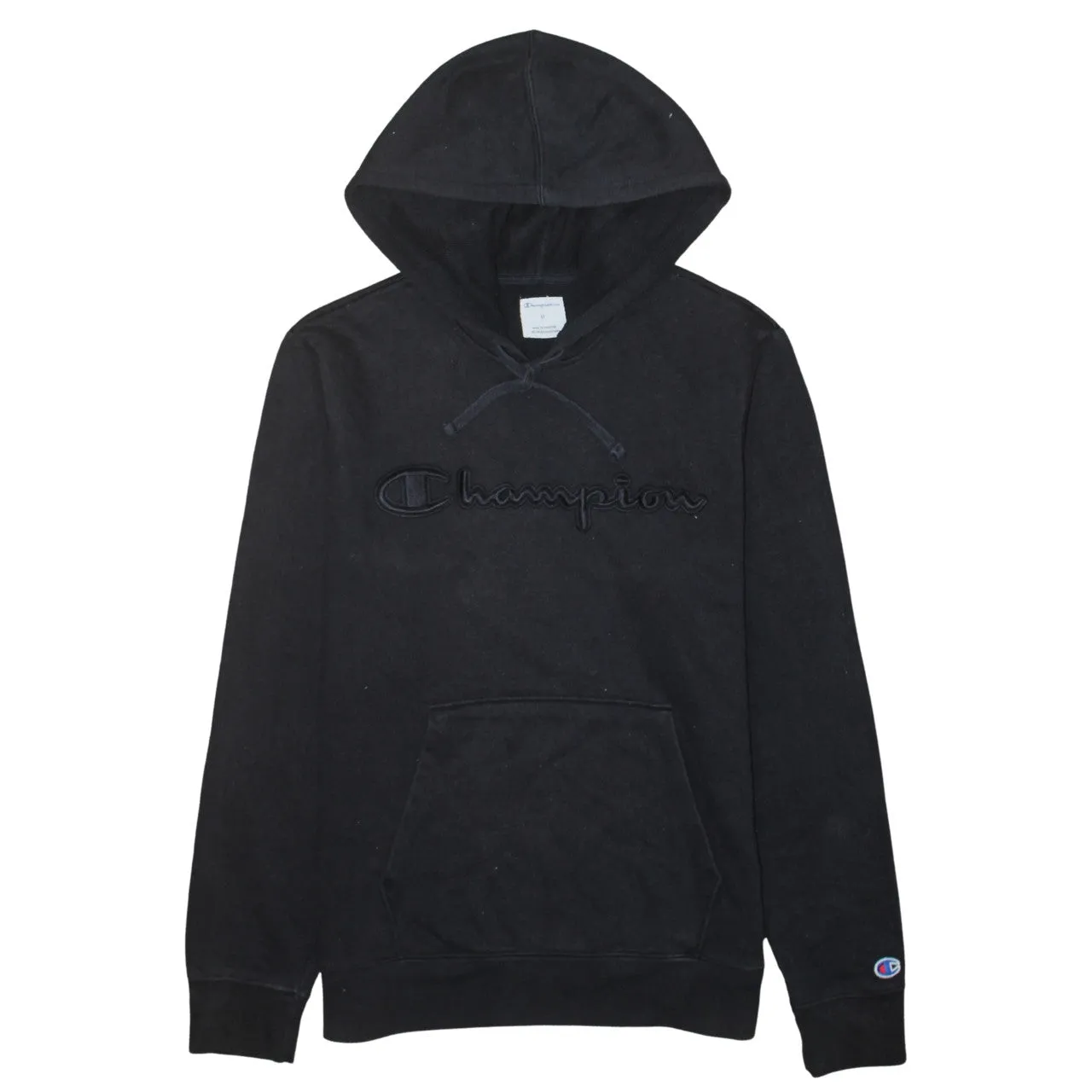 Champion Black Hoodie Men's Medium Embroidered Script Logo Front Pocket Pullover Sweatshirt sold by Vintage Club