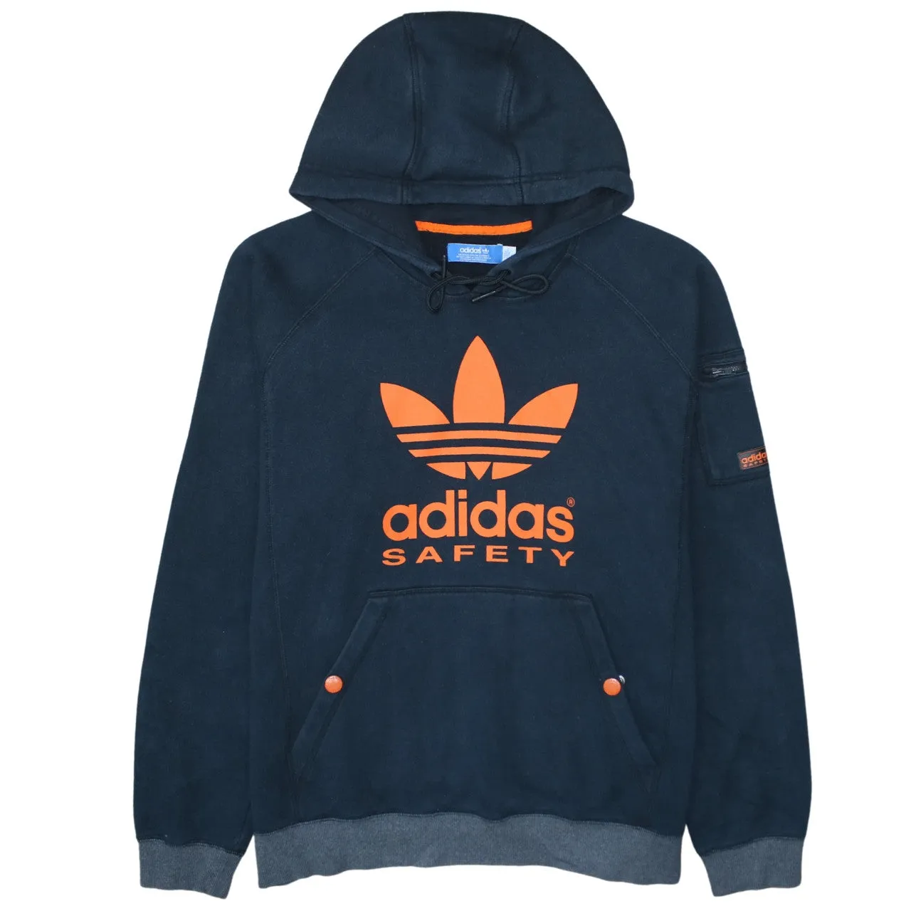Adidas Navy Blue Hoodie Men’s Large Printed Trefoil Safety Logo Pocket Pullover Sweatshirt sold by Vintage Club