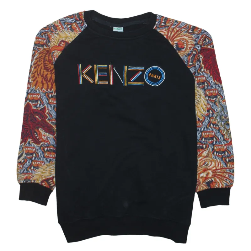 Kenzo Black Sweatshirt Women's XXLarge Embroidered Logo Graphic Animal Print Sleeves Pullover sold by Vintage Club