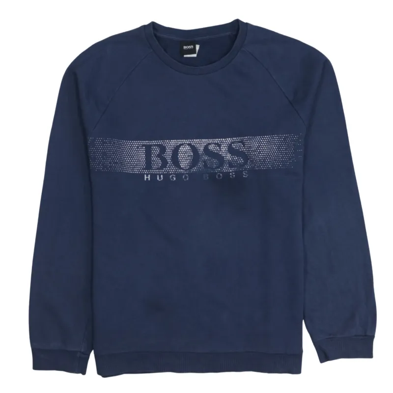 HUGO BOSS Navy Blue Sweatshirt Women's XLarge Printed Front Logo Crewneck Pullover Top sold by Vintage Club