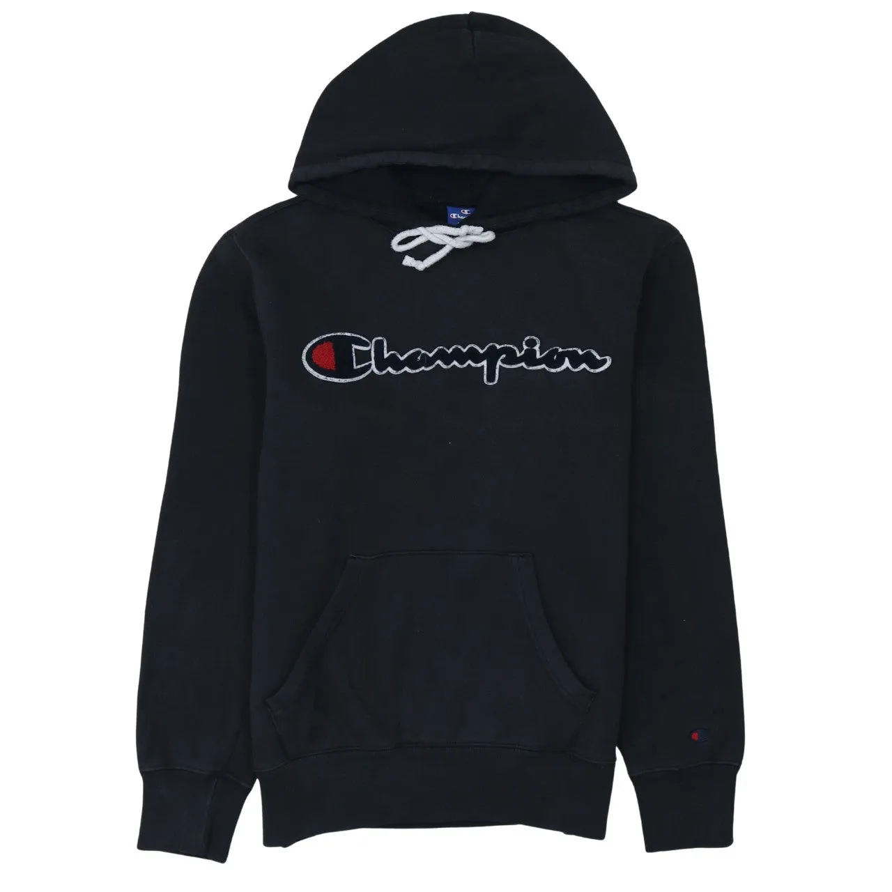 Champion Black Hoodie Men’s Small Embroidered Script Logo Front Pocket Pullover Sweatshirt sold by Vintage Club
