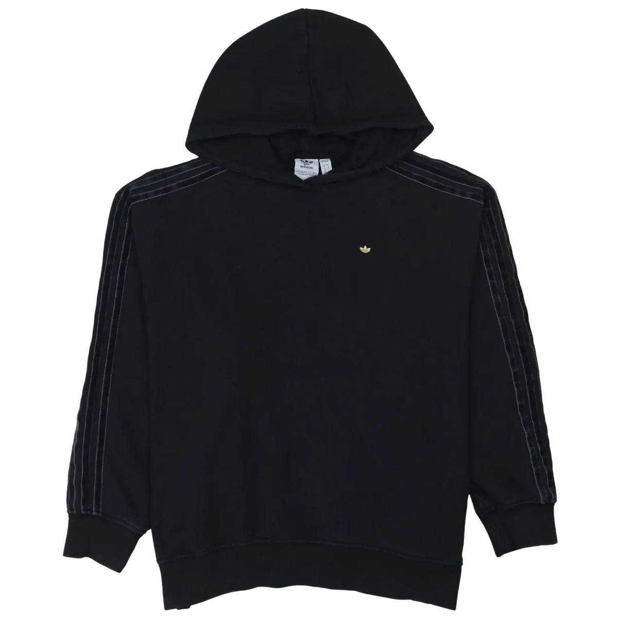 Adidas Black Hoodie Women’s XLarge Small Trefoil Logo Three Stripe Sleeves Pullover Sweatshirt sold by Vintage Club