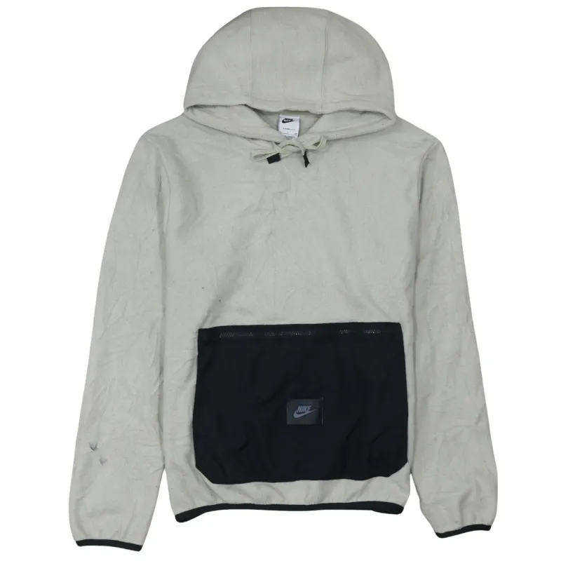 Nike Beige Cream Hoodie Men's Small Black Front Pocket Printed Logo Fleece Pullover made by Nike
