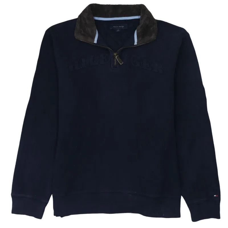 Tommy Hilfiger Navy Blue Quarter Zip Sweatshirt Men's Medium Embroidered Spellout Logo Pullover Fleece Top made by Tommy Hilfiger