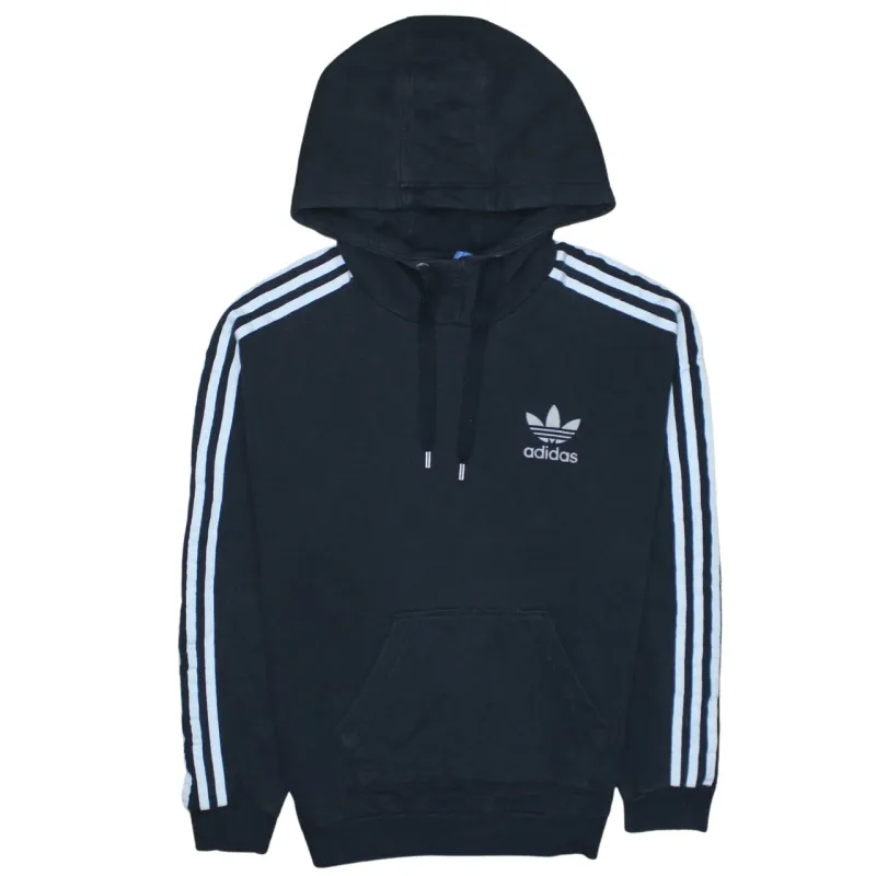 Adidas Black Hoodie Women’s Small Embroidered Trefoil Logo Three Stripe Sleeves Pullover Sweatshirt sold by Vintage Club