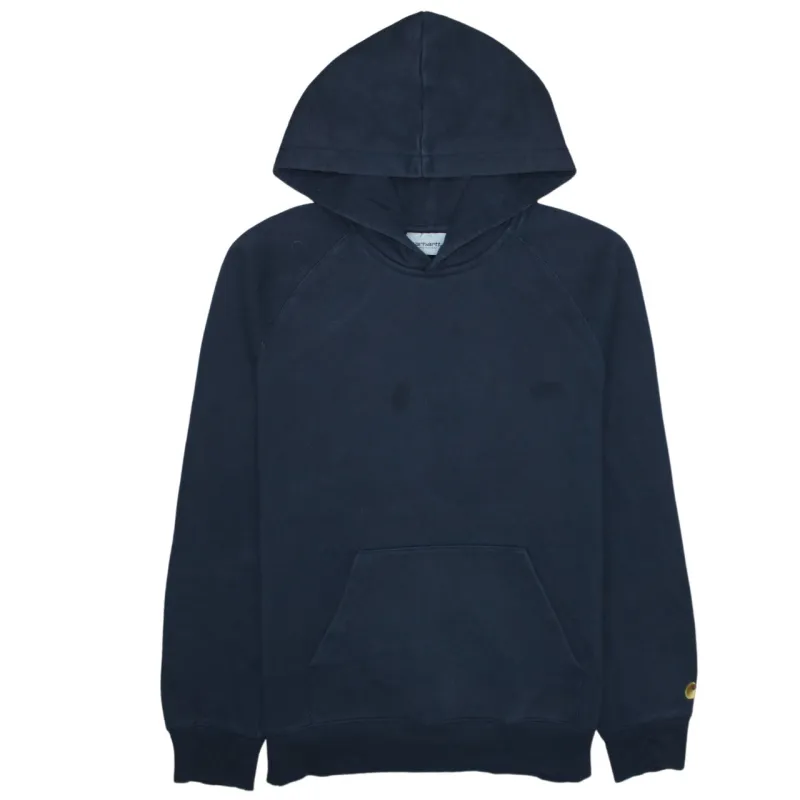 Carhartt Navy Blue Hoodie Men's Medium Small Logo Cuff Raglan Sleeve Pullover Sweatshirt sold by Vintage Club