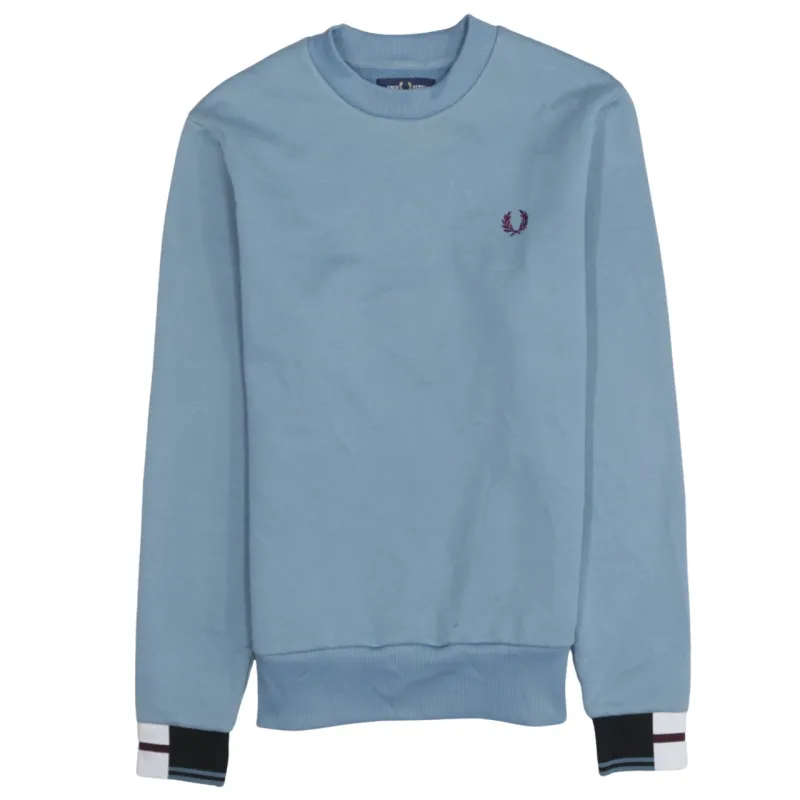 Fred Perry Light Blue Sweatshirt Men's Small Embroidered Laurel Wreath Cuff Stripe Pullover Jumper made by Fred Perry