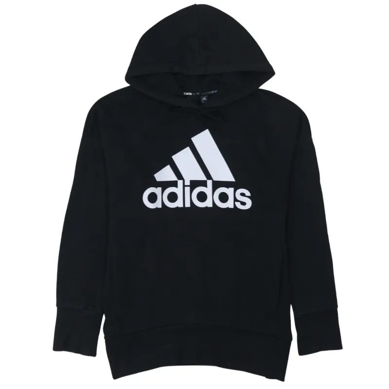 Adidas Black Hoodie Women's Small Printed Logo Drawstring Hood Pullover Sweatshirt made by Adidas
