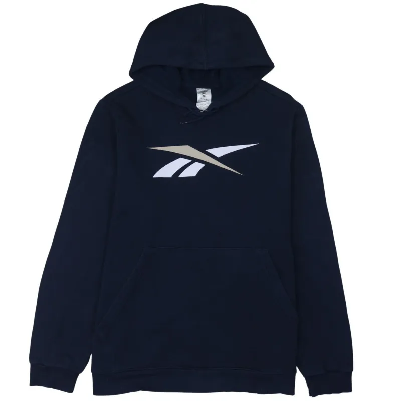 Reebok Navy Blue Hoodie Men's XLarge Printed Vector Logo Fleece Pullover Sweatshirt sold by Vintage Club
