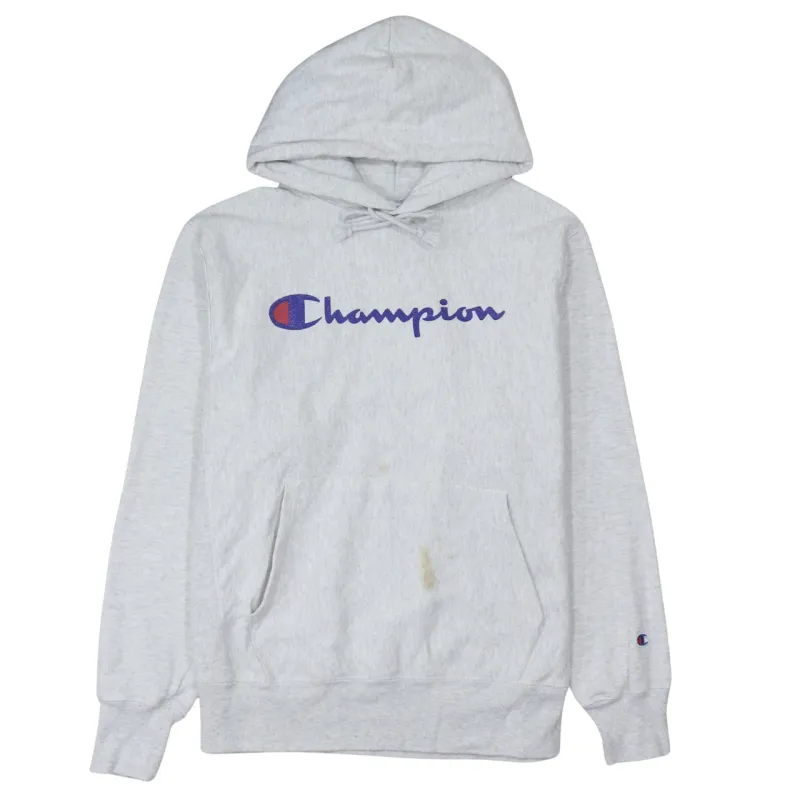 Champion Light Grey Hoodie Men's Medium Printed Script Logo Front Pocket Pullover Sweatshirt sold by Vintage Club