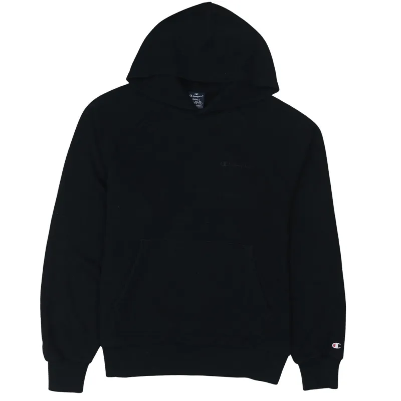 Champion Black Hoodie Men’s Small Embroidered Chest Logo Cuff Logo Pullover Sweatshirt sold by Vintage Club