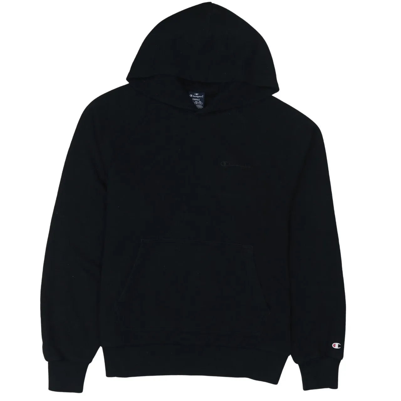 Champion Black Hoodie Men’s Small Embroidered Chest Logo Cuff Logo Pullover Sweatshirt sold by Vintage Club