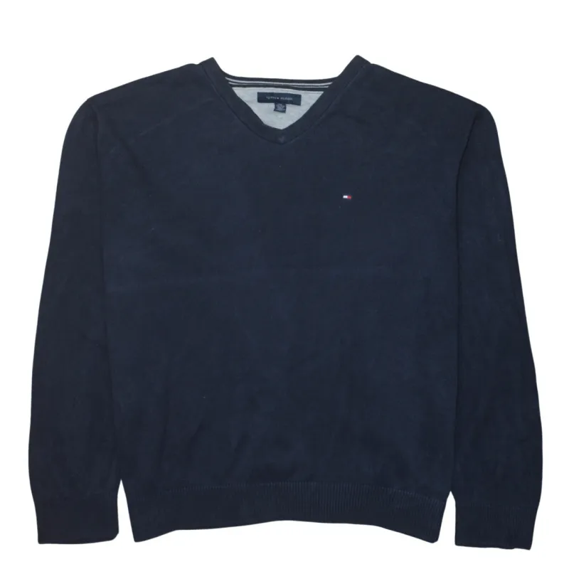 Tommy Hilfiger Navy Blue Jumper Men’s XXL V Neck Small Flag Logo Knit Sweater sold by Vintage Club