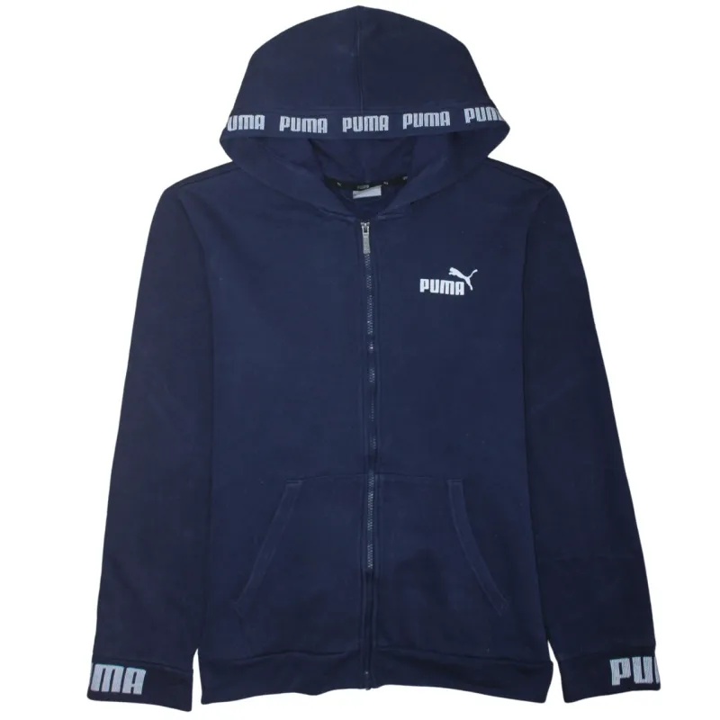 Puma Navy Blue Full Zip Hoodie Men’s Medium Printed Logo Tape Hood Cuff Branding Sweatshirt sold by Vintage Club