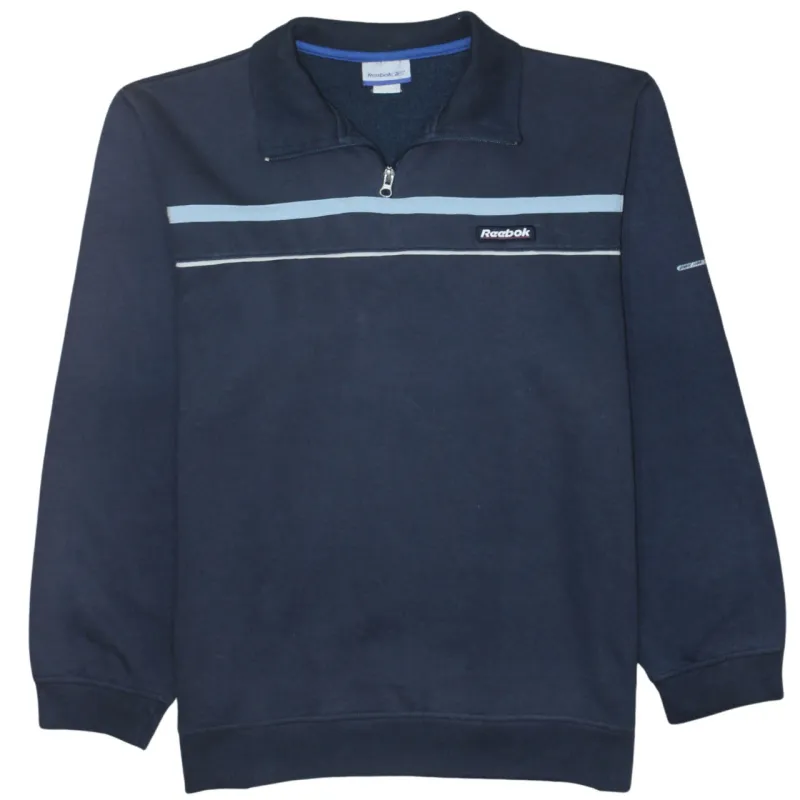 Reebok Navy Blue Sweatshirt Women’s Medium Quarter Zip Embroidered Logo Stripe Pullover Top made by Reebok
