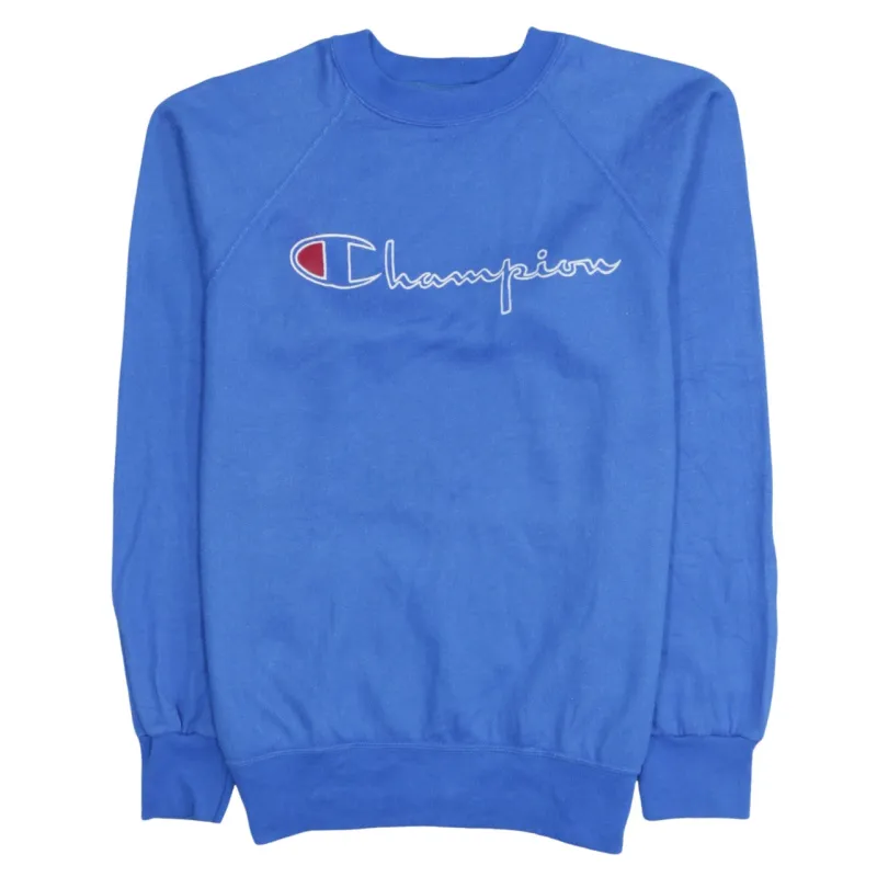 Champion Blue Sweatshirt Women's Large Embroidered Script Logo Crewneck Pullover Jumper sold by Vintage Club