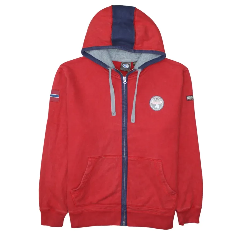 Napapijri Red Zip Hoodie Women's XLarge Embroidered Logo Flag Sleeves Contrast Hood Sweatshirt sold by Vintage Club