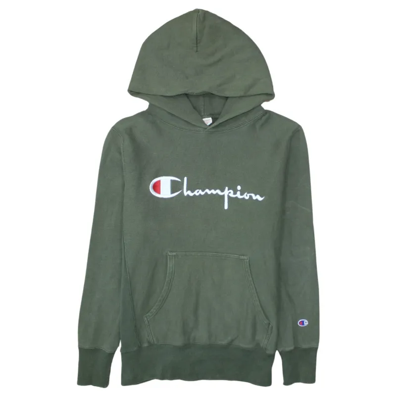 Champion Khaki Green Hoodie Women's Large Embroidered Script Logo Front Pocket Pullover Sweatshirt sold by Vintage Club