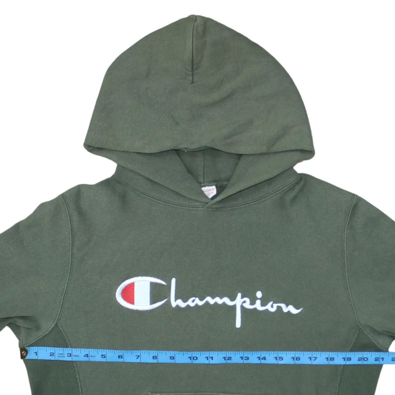 Champion Khaki Green Hoodie Women's Large Embroidered Script Logo Front Pocket Pullover Sweatshirt sold by Vintage Club product image thumbnail 5
