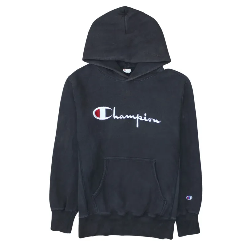 Champion Black Hoodie Women’s Large Embroidered Script Logo Front Pocket Pullover Sweatshirt made by Champion