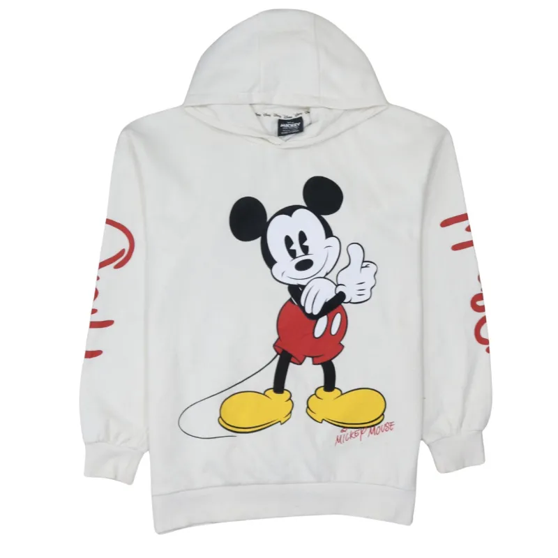 Disney White Hoodie Women’s Medium Printed Mickey Mouse Sleeve Logo Pullover Sweatshirt sold by Vintage Club