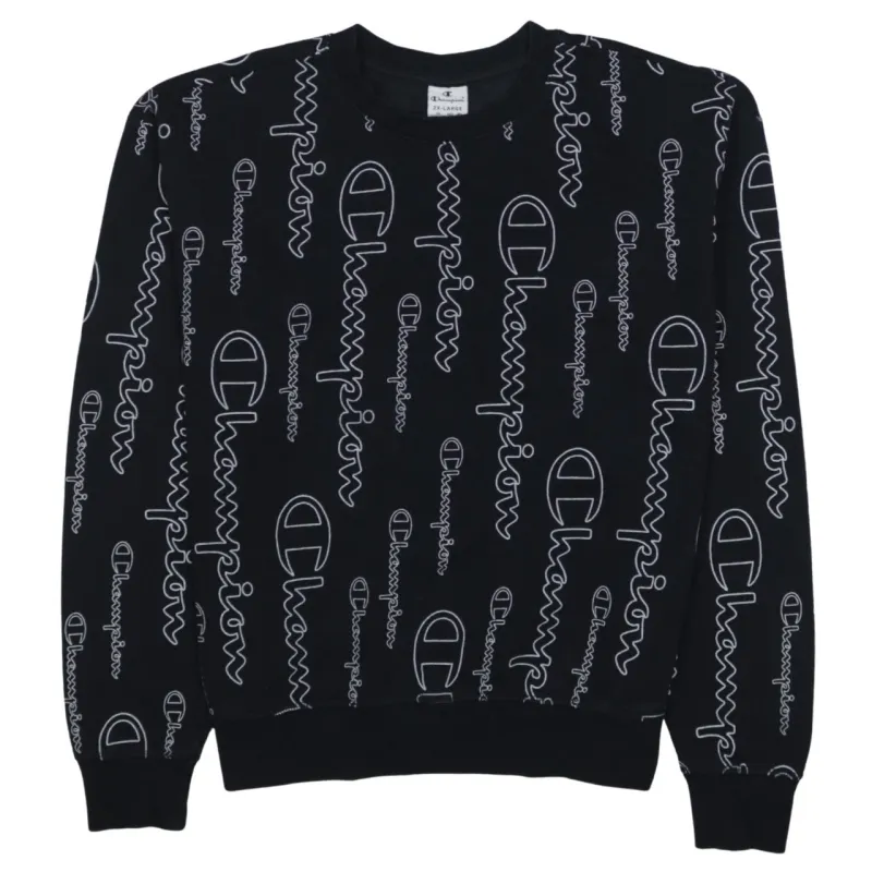 Champion Black All Over Logo Sweatshirt Women’s 2XL Crewneck Ribbed Cuffs Pullover Fleece Top made by Champion