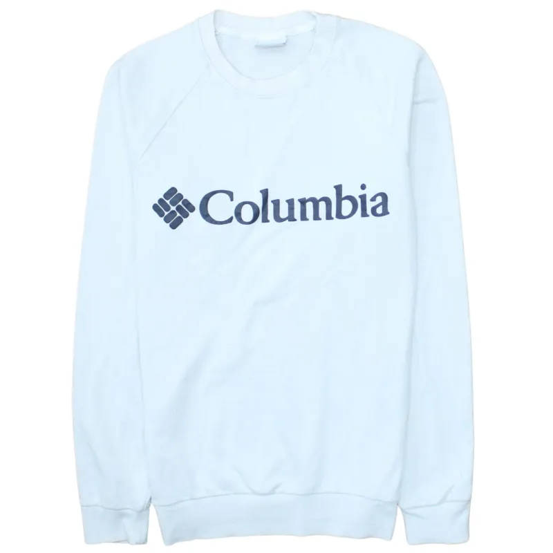Columbia White Sweatshirt Men's Small Printed Logo Crewneck Pullover Fleece Top made by Columbia