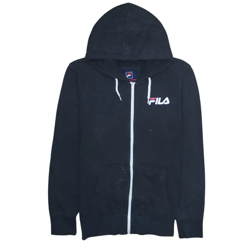 Fila Black Zip Hoodie Women’s Large Printed Chest Logo Drawcord Full Zip Sweatshirt sold by Vintage Club
