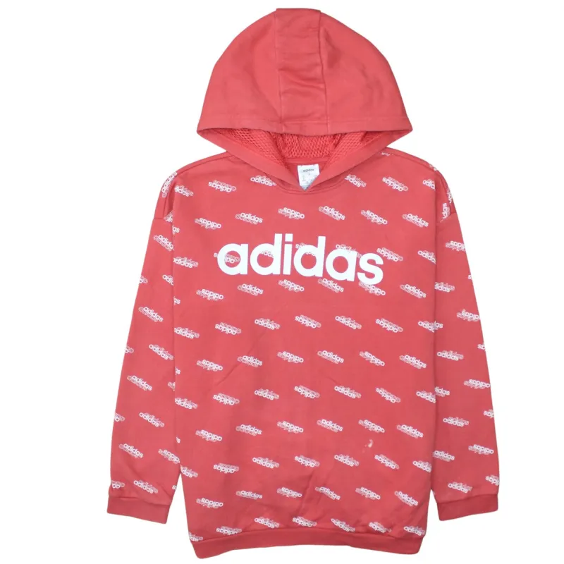 Adidas Coral Red Hoodie Women's Large All Over Logo Printed Front Branding Sweatshirt Top sold by Vintage Club