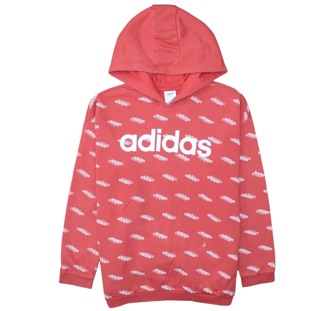 Adidas Coral Red Hoodie Women's Large All Over Logo Printed Front Branding Sweatshirt Top sold by Vintage Club